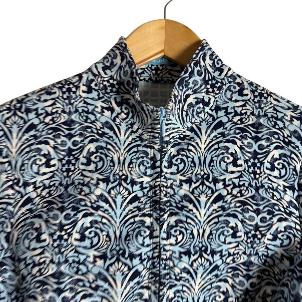 J. McLaughlin Navy Blue Printed Full Zip Mock Neck Scuba Billie Jacket Size S - Picture 2 of 8